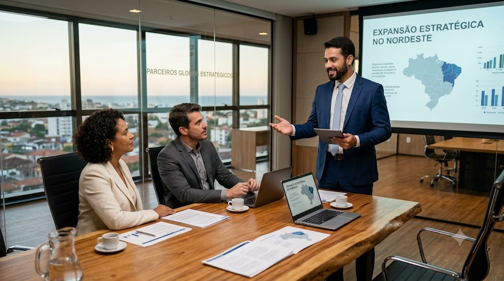 Apresentação comercial com técnicas de oratória e comunicação persuasiva em reunião de negócios