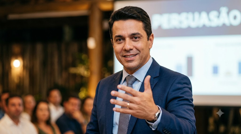 Especialista em vendas utilizando postura corporal aberta e gesticulação persuasiva durante negociação