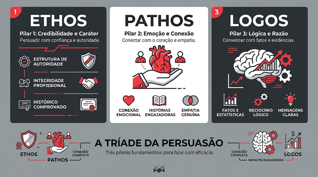 Infográfico com os três pilares da oratória persuasiva: Ethos, Pathos e Logos aplicados às vendas